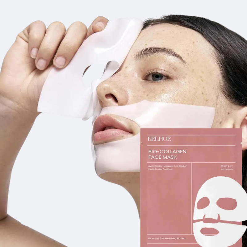 Masque collagène Lumina appliqué sur le visage, texture hydrogel